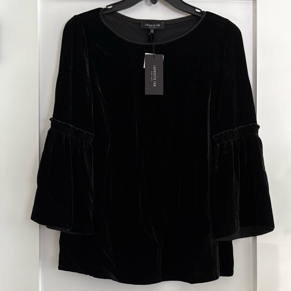 Lafayette 148 New York Roslin Italian Silk Blend Blouse XS NWT Black Bell Sleeve - Picture 6 of 11